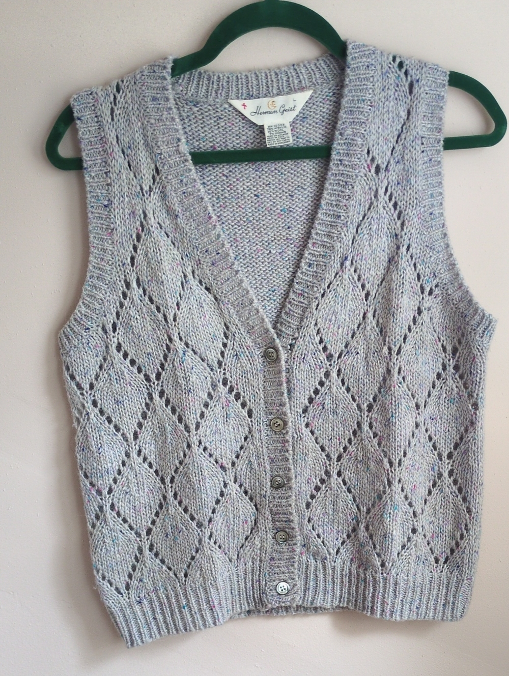 Grey/Lavender Wool Blend Knit Button-Front Sweater Vest
